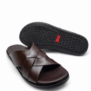 Brown Leather Slippers for Men Cross Strap Stylish Comfortable Casual Sandals Pakistan