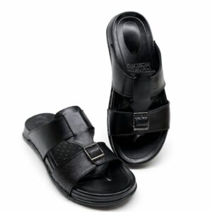 Black Leather Slippers for Men Buckle Strap Toe Loop Comfortable Stylish Chappal Pakistan