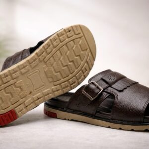 Brown Leather Slippers for Men with Buckle Comfortable Casual Slides Pakistan