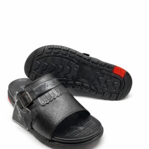Black Leather Slippers for Men with Buckle Strap Comfortable Casual Slides Pakistan