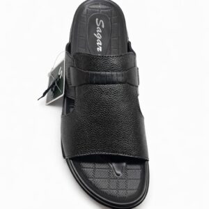 Black Leather Slippers for Men Textured Strap Comfortable Casual Slides Pakistan