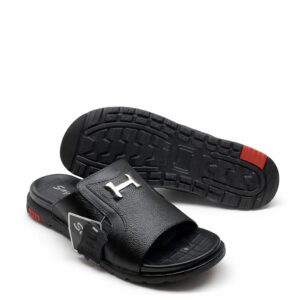 Black Leather Slippers for Men with Metal Logo Premium Comfortable Slides Pakistan